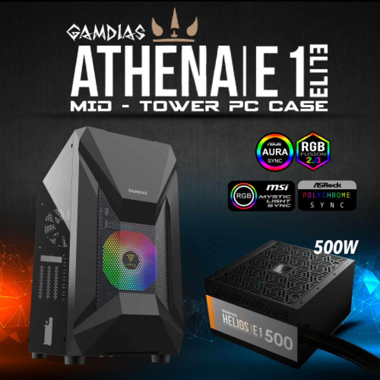 GAMDIAS 500W ATHENA E1 ELITE RGB FANLI GAMING MID-TOWER PC KASASI