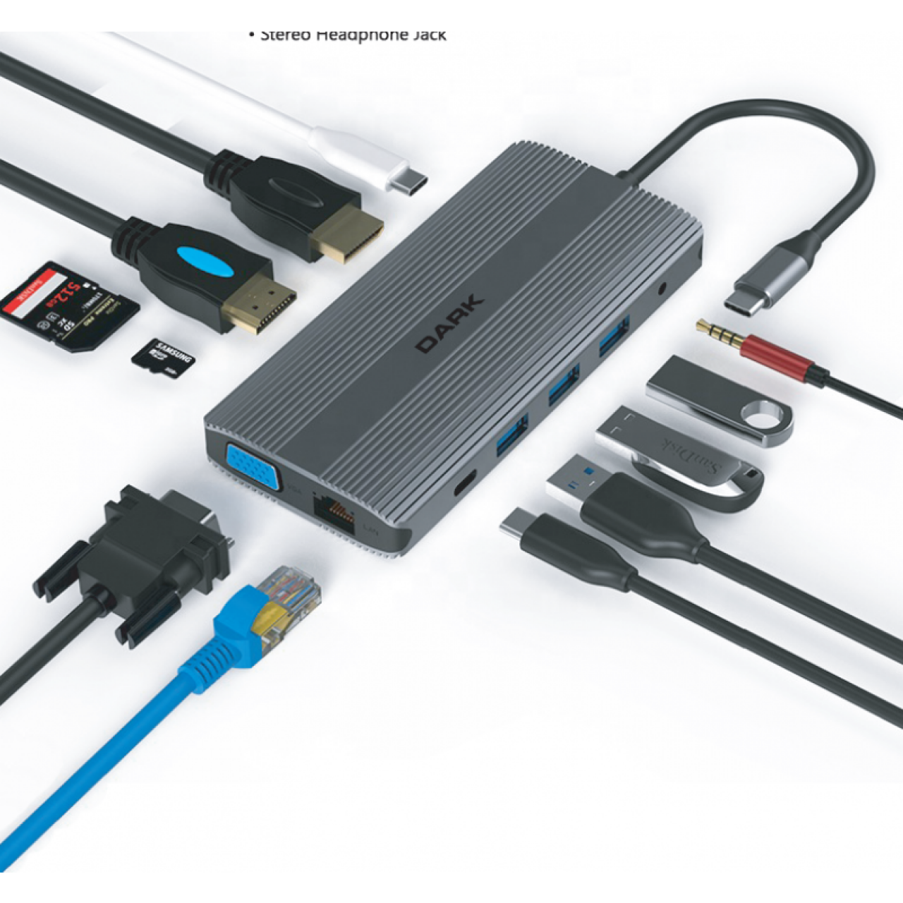 DARK USB 3.1 Gen1 Type-C Ethernet/ USB-C-USB-C PD/ 2xHDMI/ VGA /SD Kart Okuyucu/ 3xUSB 3.0 / Kulaklık Çoklayıcı Dönüştürücü Çevirici HUB